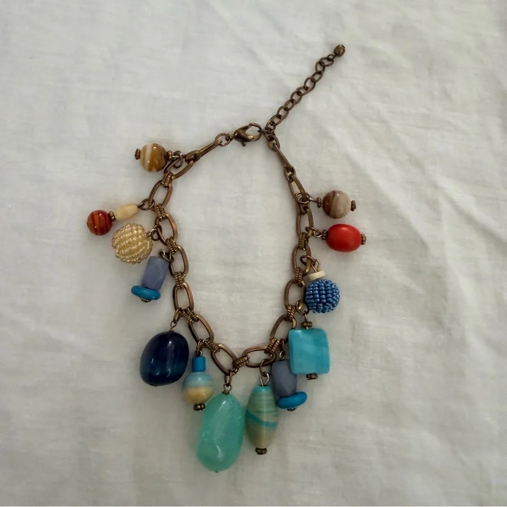 Boho Charm Bracelet Mixed Beads Antiqued Brass Chain Adjustable
